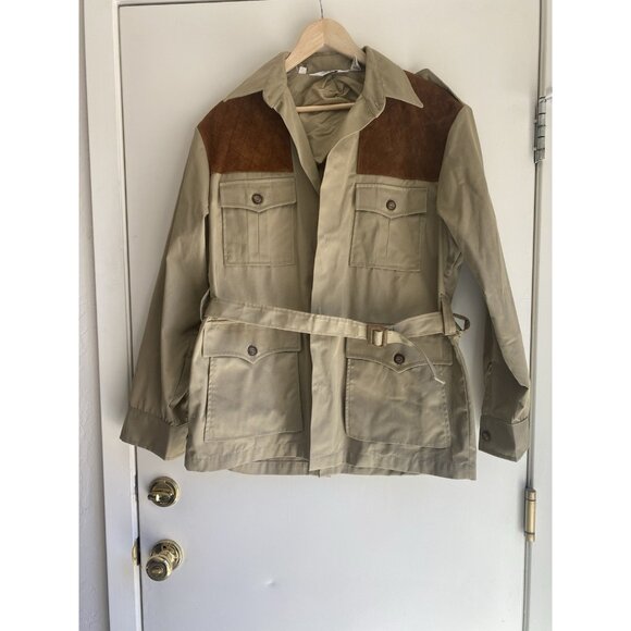 Woolrich Hunting Safari Long Sleeve Shirt Suede Shoulders Button Up Size L Belt - Picture 1 of 14